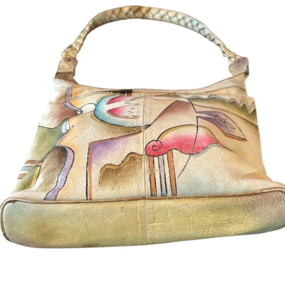 Vintage Handpainted Leather Manifique Hobo Bag with Braided Shoulder Strap